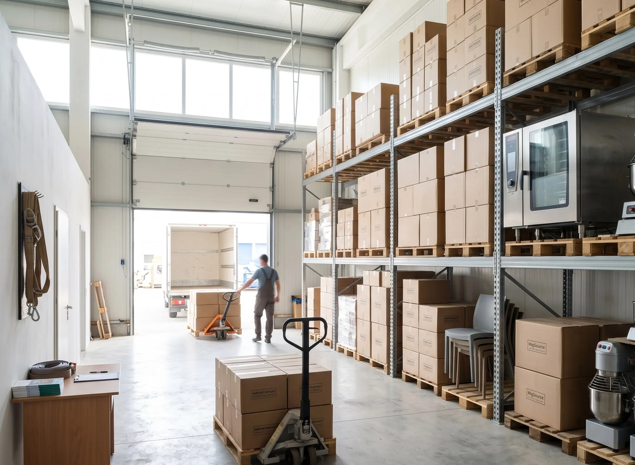 Supply warehouse with palletised commercial kitchen equipment and a staff member moving stock toward a loading bay